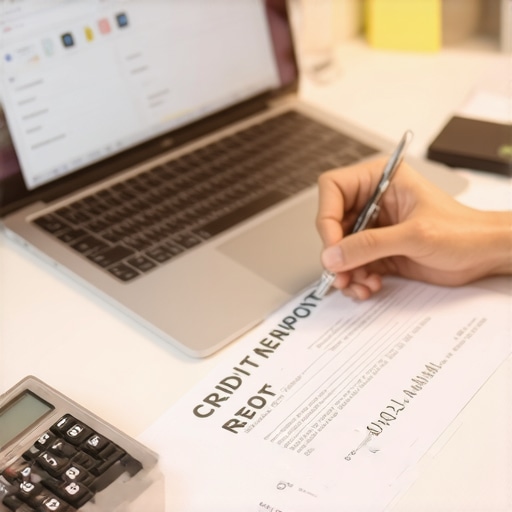 Person analyzing credit report on laptop alongside financial tools at a modern workspace.