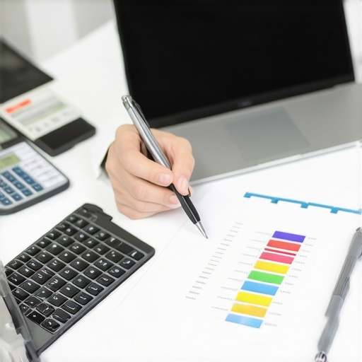 A person analyzing their credit report on a laptop with financial tools on the desk