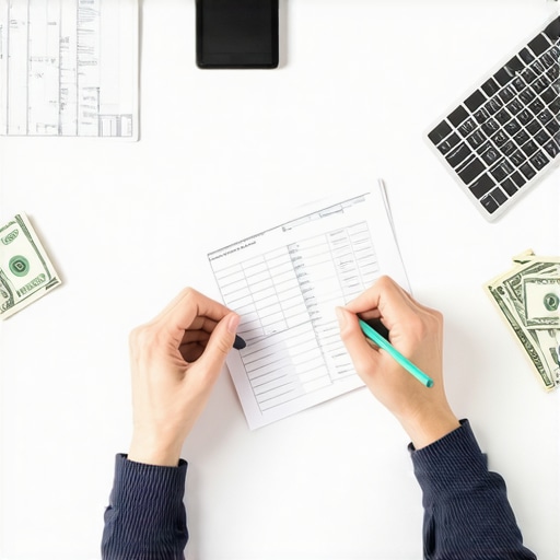 Person reviewing and organizing financial documents and budget at desk