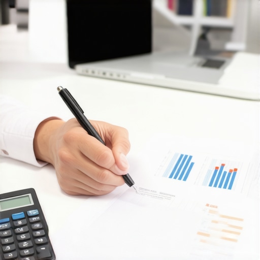 Person checking their credit report and financial tools on a desk for credit maintenance