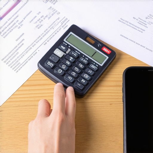 Person analyzing credit report on desk with calculator and phone.