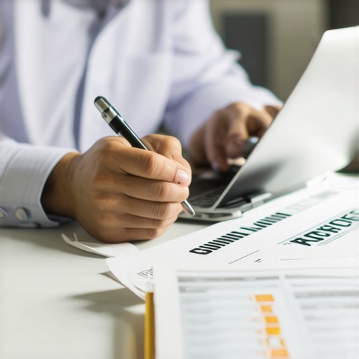 Reviewing Credit Report for Accuracy Person analyzing credit report on a laptop with financial documents.
