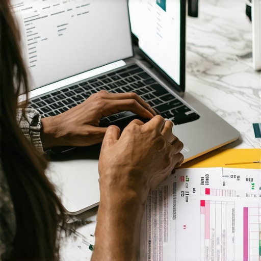 Person analyzing credit report on a laptop for improving insurance premiums