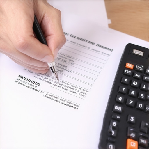 Person analyzing credit report with a calculator in an office