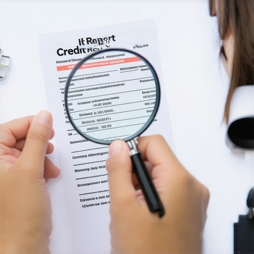 Person analyzing credit report details with a magnifying glass.