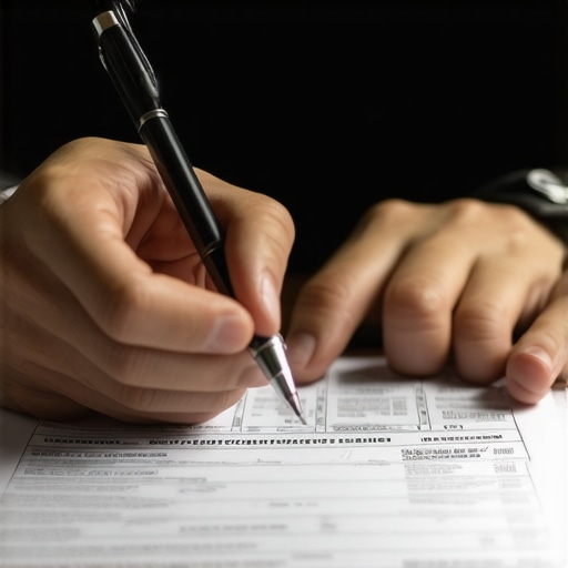Person analyzing credit report for errors with a pen in hand.