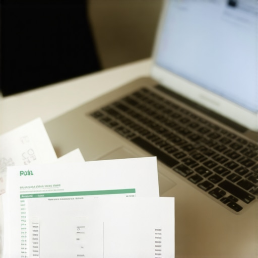 Person analyzing credit report on laptop surrounded by financial papers