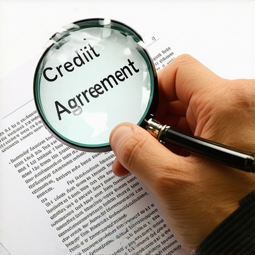 Person analyzing a credit agreement document closely with a magnifying glass.