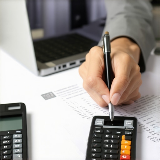 Person reviewing credit reports with calculator for debt management