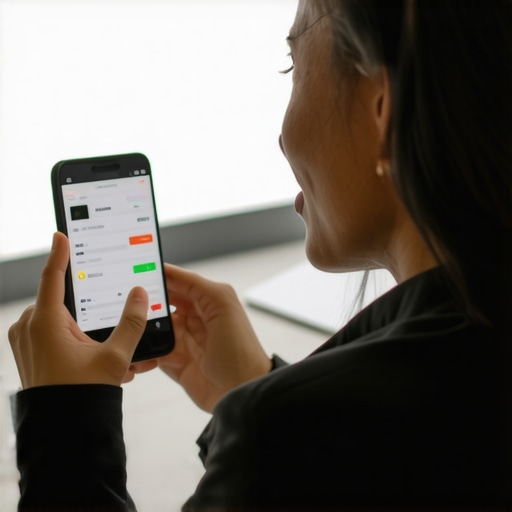 Person monitoring credit score on smartphone in a modern workspace