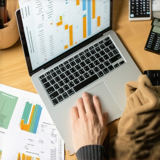 Individual analyzing credit scores on a laptop surrounded by financial paperwork and a calculator.