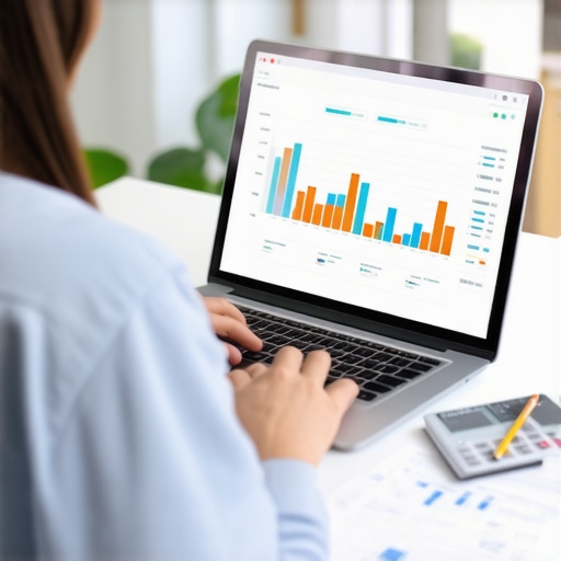 Individual managing credit profiles on a laptop with financial charts and papers around.