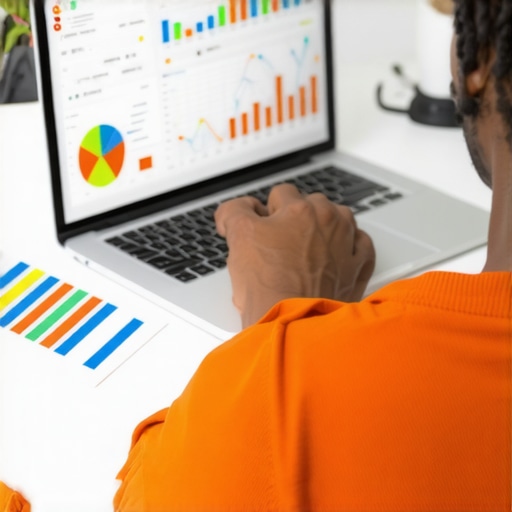 Person reviewing credit scores on laptop with financial graphs and tools