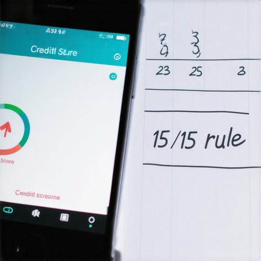 Tracking the 15/15 Rule for Credit Success Smartphone showing credit score increase next to a calendar marking the 15/15 rule dates.