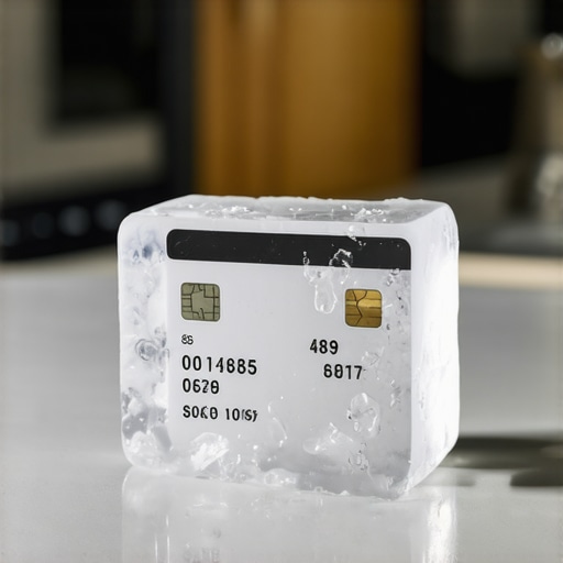 A credit card frozen inside a block of ice on a kitchen counter A physical credit card frozen inside a block of ice to prevent impulse spending and preserve credit history length