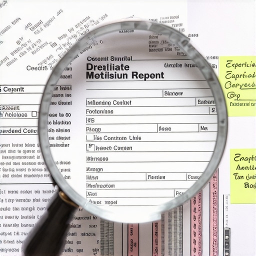 Close-up of a credit report being analyzed with a magnifying glass for errors and nuances.