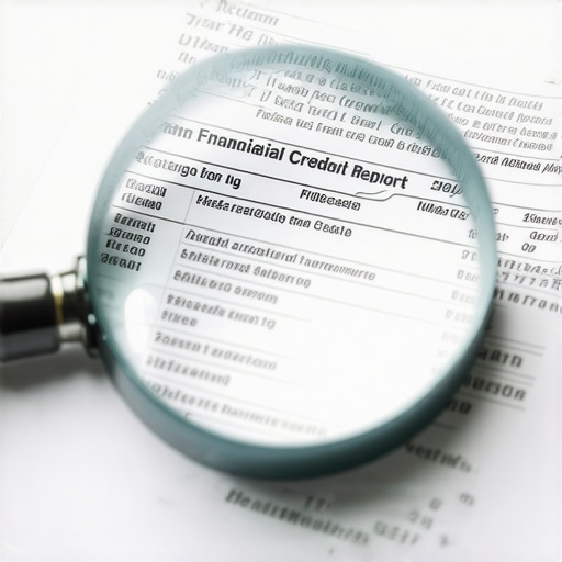 A magnifying glass focusing on detailed entries in a credit report to identify errors and myths.