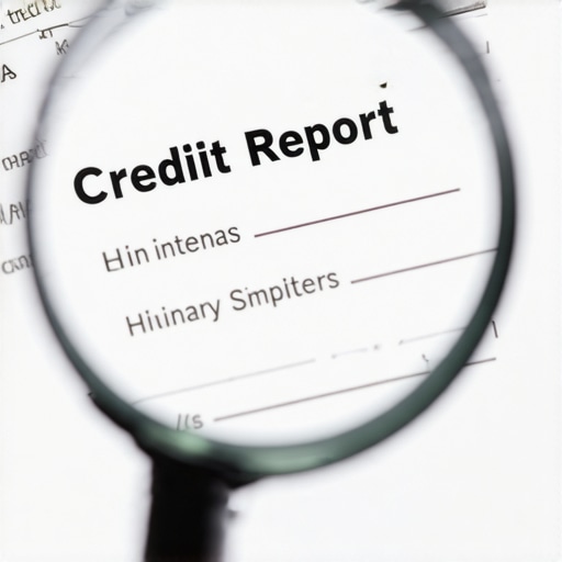 Analyzing a credit report for errors Close-up of a credit report analysis with a magnifying glass