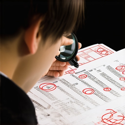 Analyzing a credit report for errors A person finding errors on a credit report with a magnifying glass