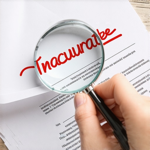 A magnifying glass focusing on inaccuracies in a credit report document