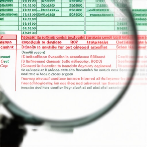 A hand holding a magnifying glass over a detailed credit report to spot hidden errors.