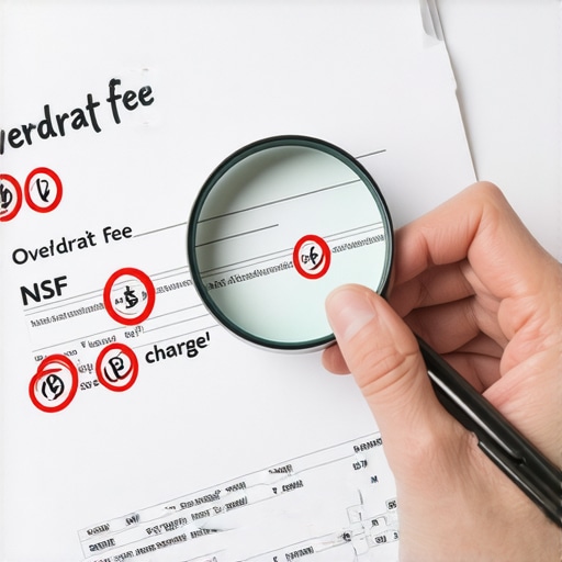 A magnifying glass highlighting overdraft and NSF fees on a bank statement to show credit risks.