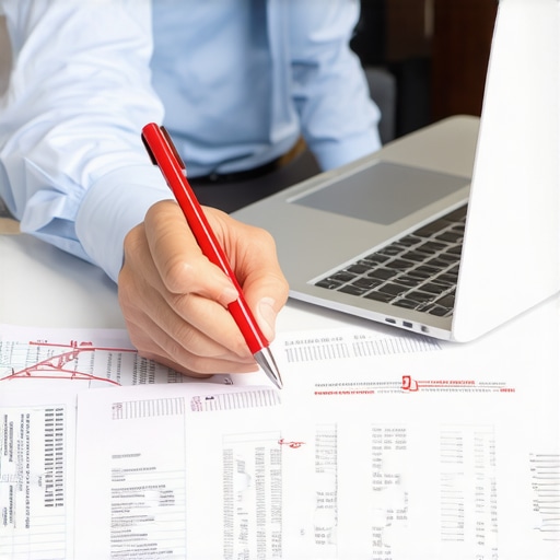 Auditing a Credit Report for Errors Hands circling errors on a paper credit report next to a laptop.