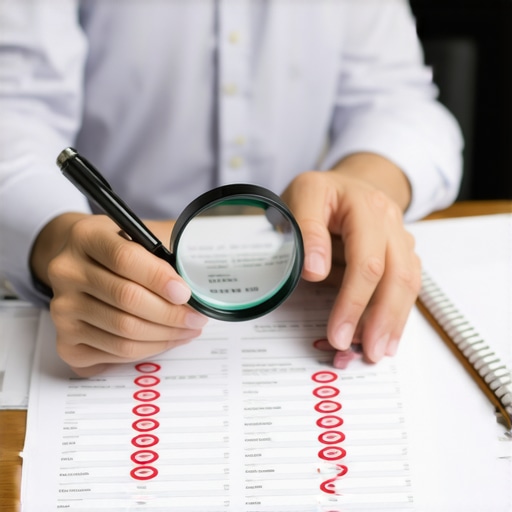Auditing a credit report for errors A person using a magnifying glass to find inaccuracies on their official credit report.