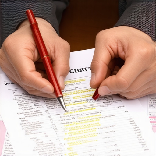 Hands holding a highlighted credit report and a red pen.