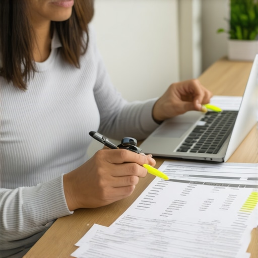 A person using a highlighter on bank statements to find hidden fees and manage debt.