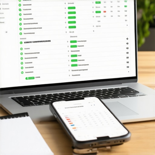 Automated Credit Maintenance System A laptop showing a credit tracking spreadsheet and a smartphone with calendar reminders for credit card statement close dates.