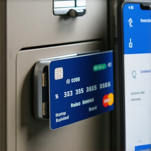 Automated Credit Maintenance and Security A physical credit card stored safely in a home document safe next to a smartphone showing security alerts.