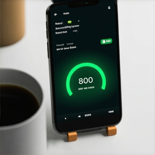 Smartphone showing automated banking payments and a high credit score meter on a desk.