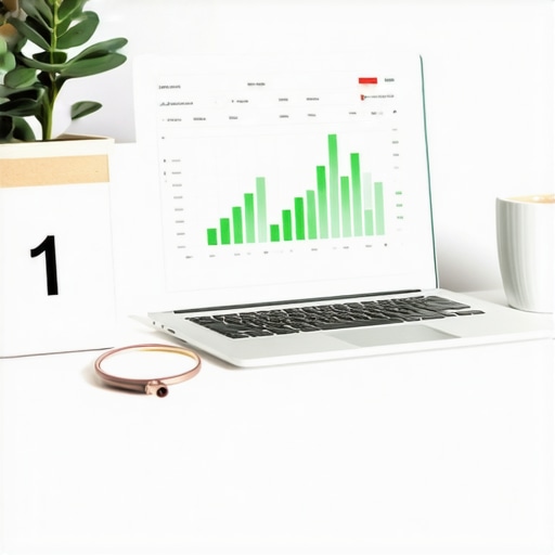 A desk with a laptop displaying a positive credit score trend and a physical calendar for tracking payment dates.