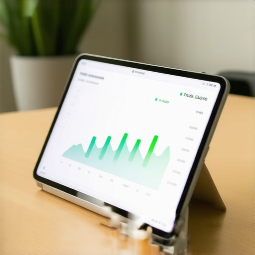 A tablet showing financial growth and credit score monitoring on a clean desk.