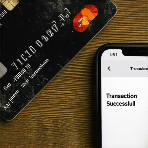 An old credit card next to a smartphone showing a small automated payment success notification.