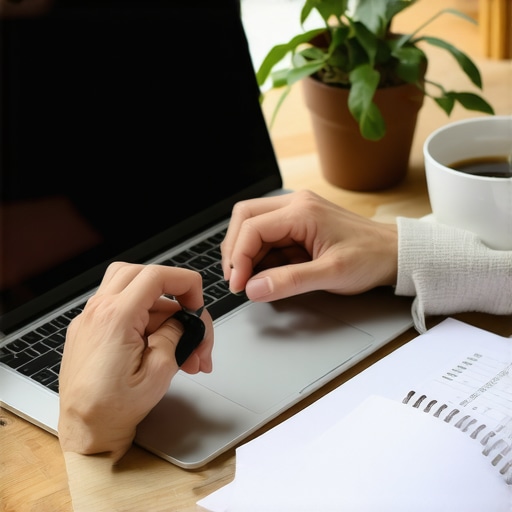 Automating Financial Growth and Credit Monitoring A person tracking credit score progress and using debt management tools on a laptop and notebook.
