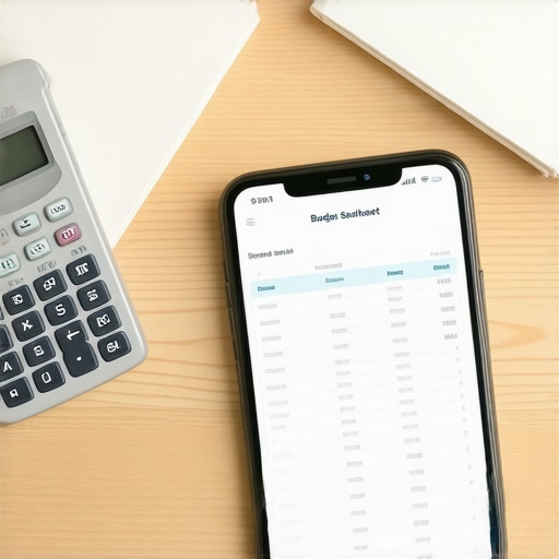 A smartphone showing budget numbers next to a calculator on a desk, illustrating financial organization.