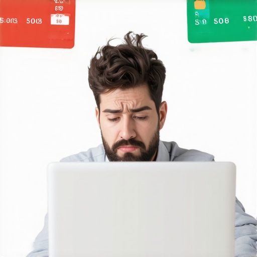 Comparing Different Credit Score Results A man looking confused at a laptop screen displaying conflicting credit score numbers.