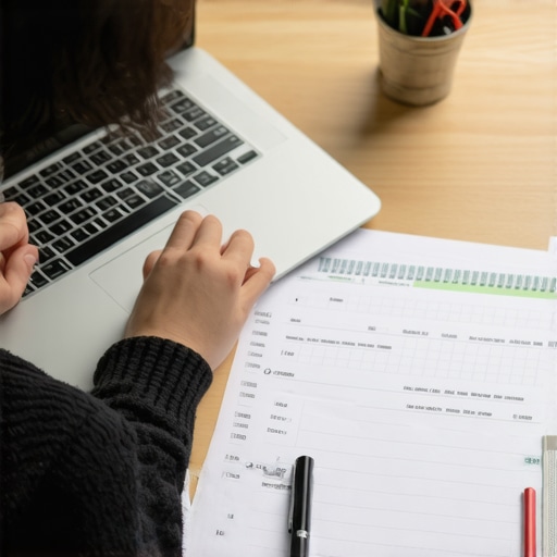 A person organizing their monthly bills and credit monitoring data at a desk to maintain their score