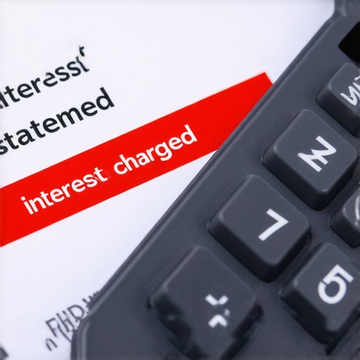 Close up of a credit card statement and calculator showing daily interest charges.