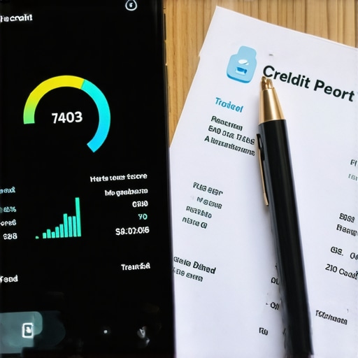 A smartphone showing credit scores next to a physical credit report document on a desk.