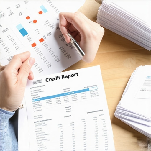 Person analyzing a credit report alongside physical cash envelopes to show the link between spending habits and credit scores.