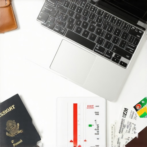 Traveler observing a drop in credit score on a laptop while planning an international trip.