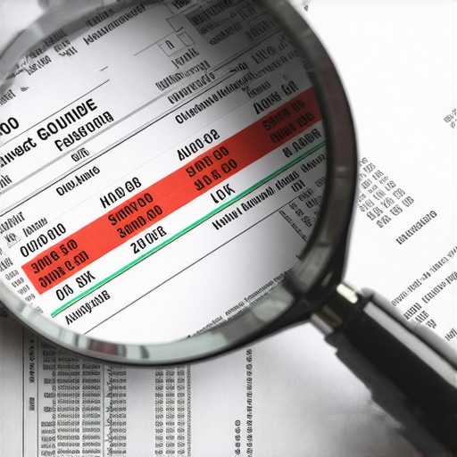 Close up of a magnifying glass over a credit report showing detailed financial data and scoring factors.