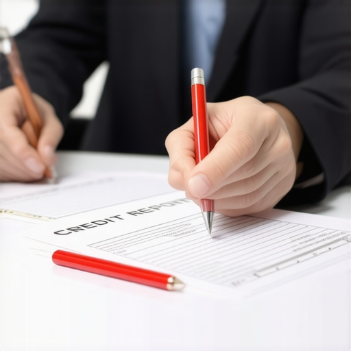 Detailed Credit Report Audit A person auditing three credit reports with a magnifying glass and red pen to find errors.