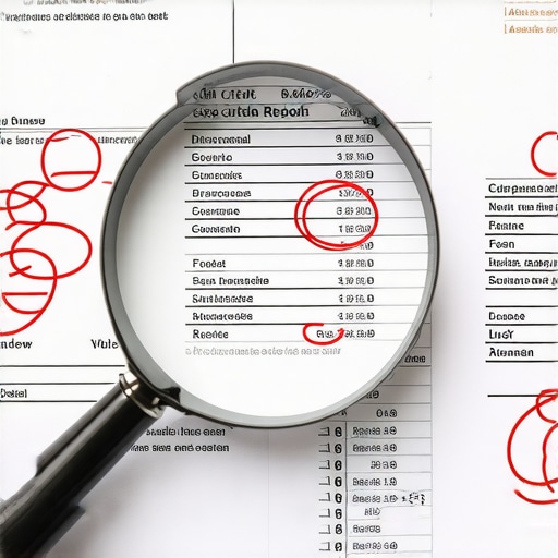 Detailed Credit Report Audit Close up of a credit report being audited with a magnifying glass to find errors