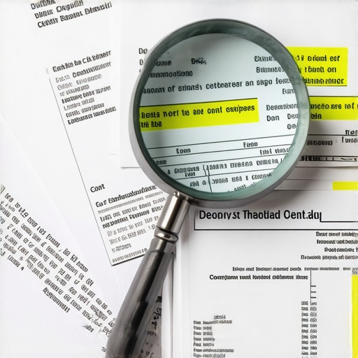 Magnifying glass and highlighted financial documents on a desk