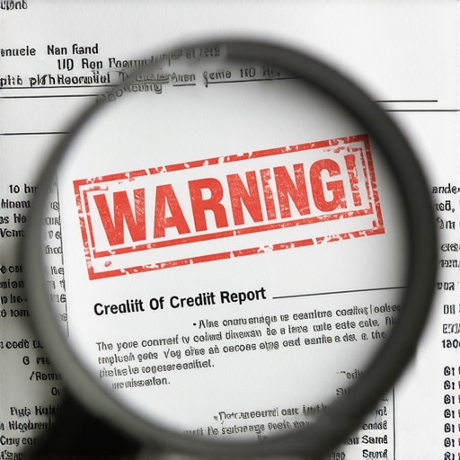 A magnifying glass highlighting a warning on a credit report.