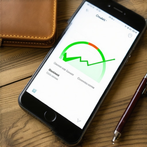 Effective Credit Score Monitoring and Tools A smartphone showing a credit score improvement graph on a professional desk.
